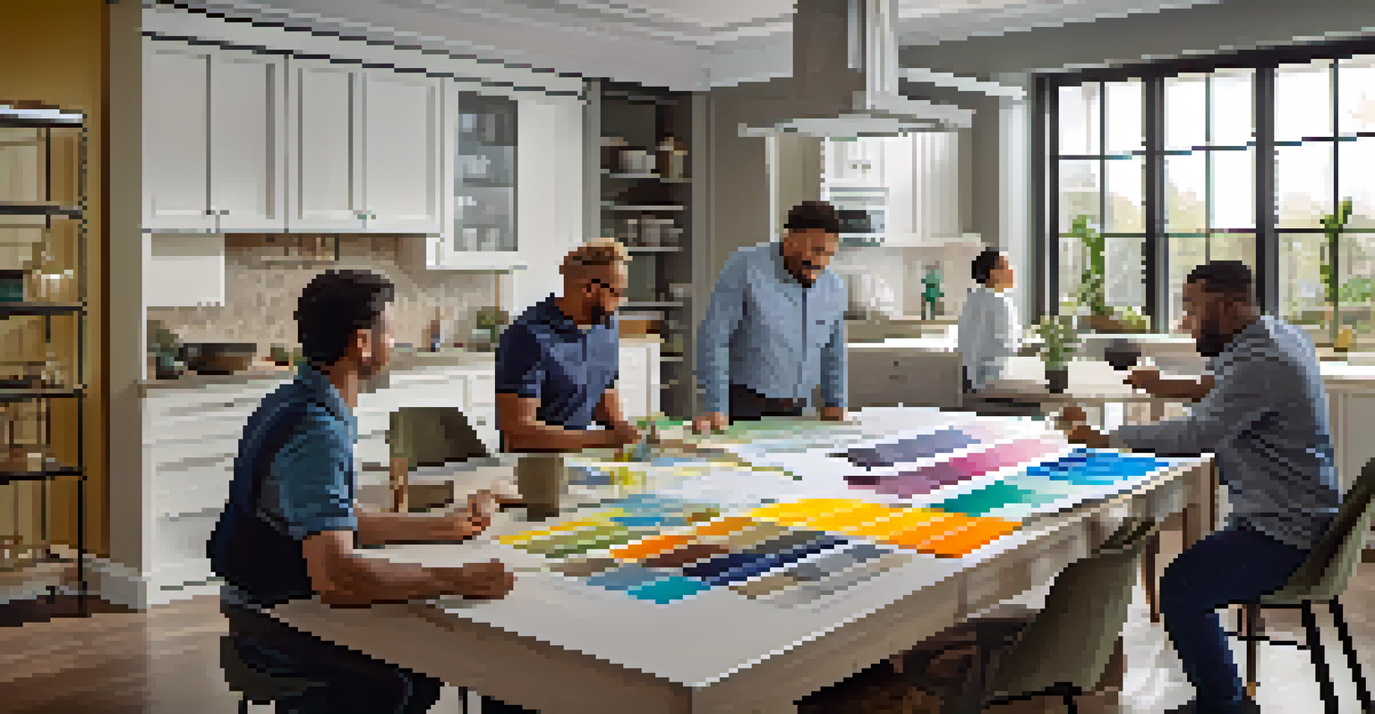Contractors discussing renovation plans with blueprints and material samples in a partially renovated kitchen.