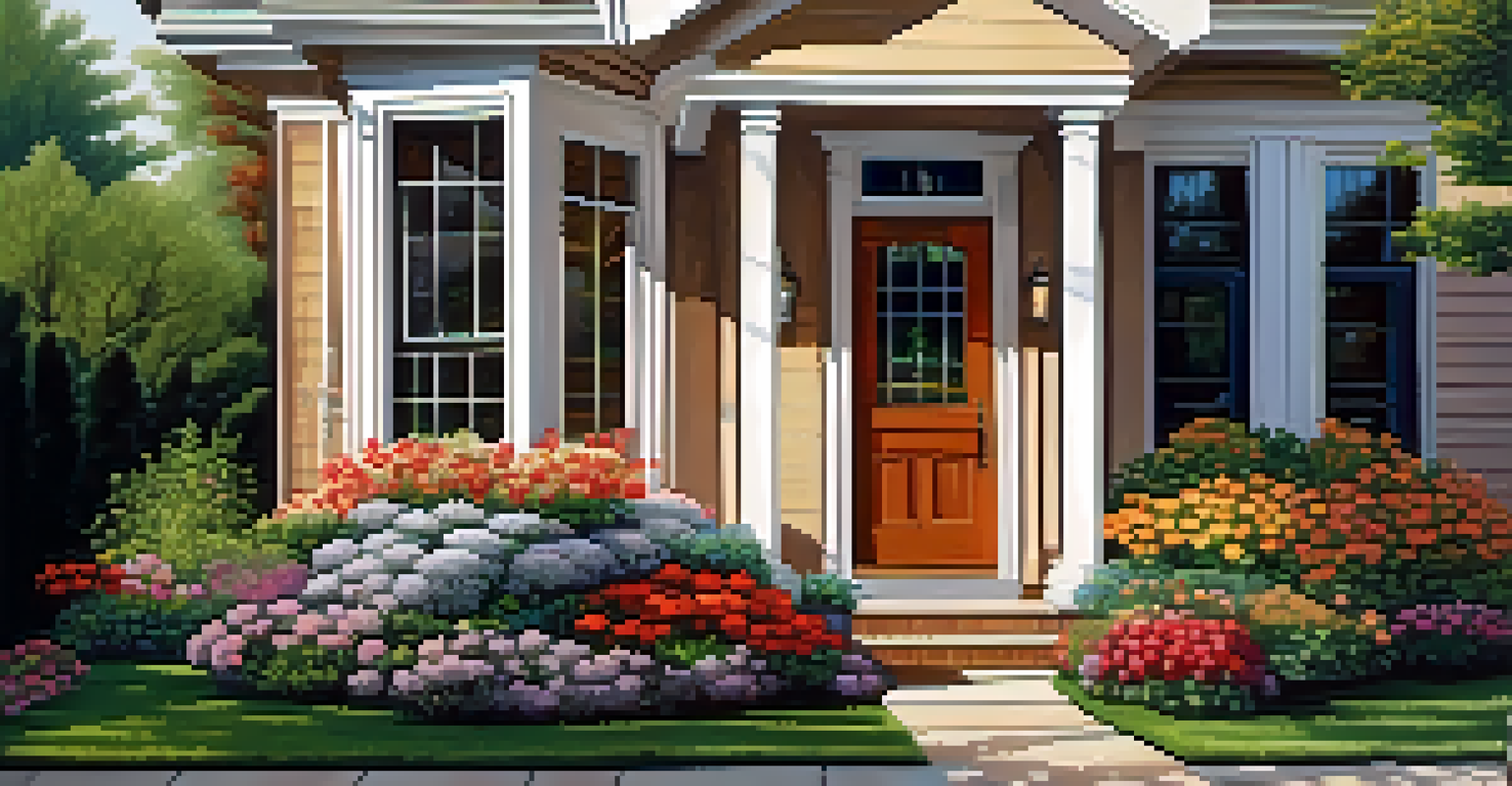 A close-up view of a house's front door surrounded by flower beds, showcasing detailed textures and warm lighting.