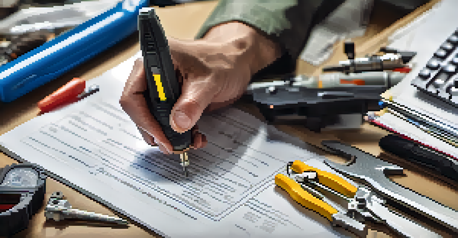 Close-up of an inspector's hands with a clipboard and tools, highlighting home inspection details.