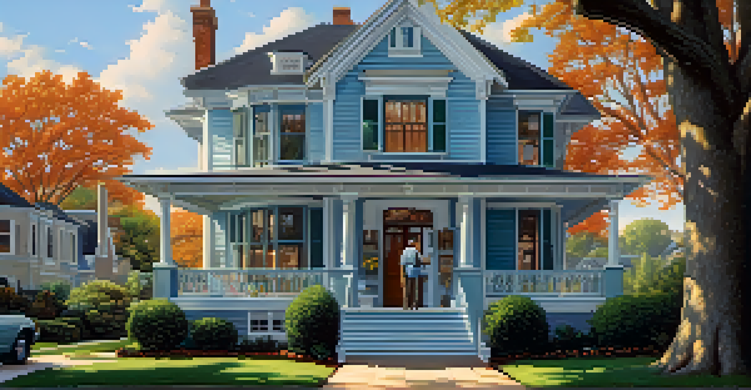 A home inspector checking the roof of a vintage house while a homeowner watches, surrounded by a lush garden.