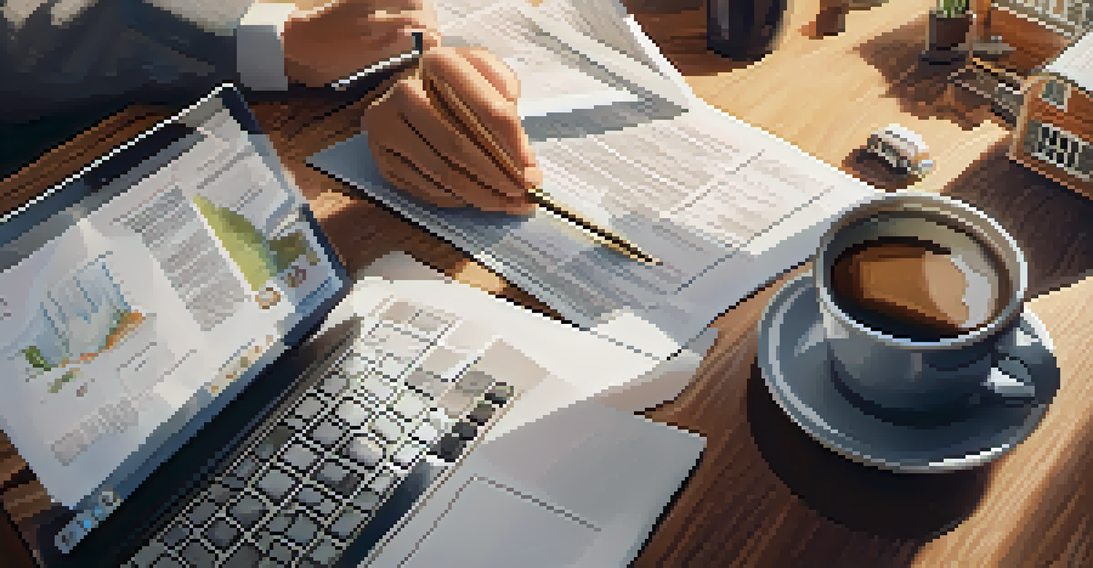 Close-up of a person reviewing real estate investment documents on a wooden table, with a laptop and house model nearby.