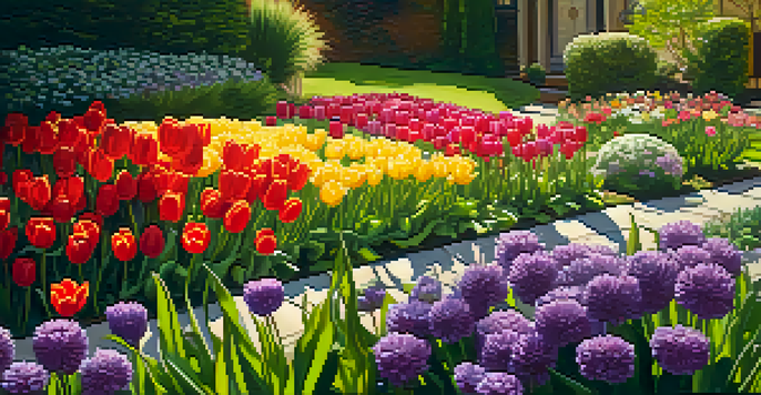 A colorful garden filled with blooming flowers in reds, yellows, and purples, surrounded by greenery and illuminated by soft sunlight.