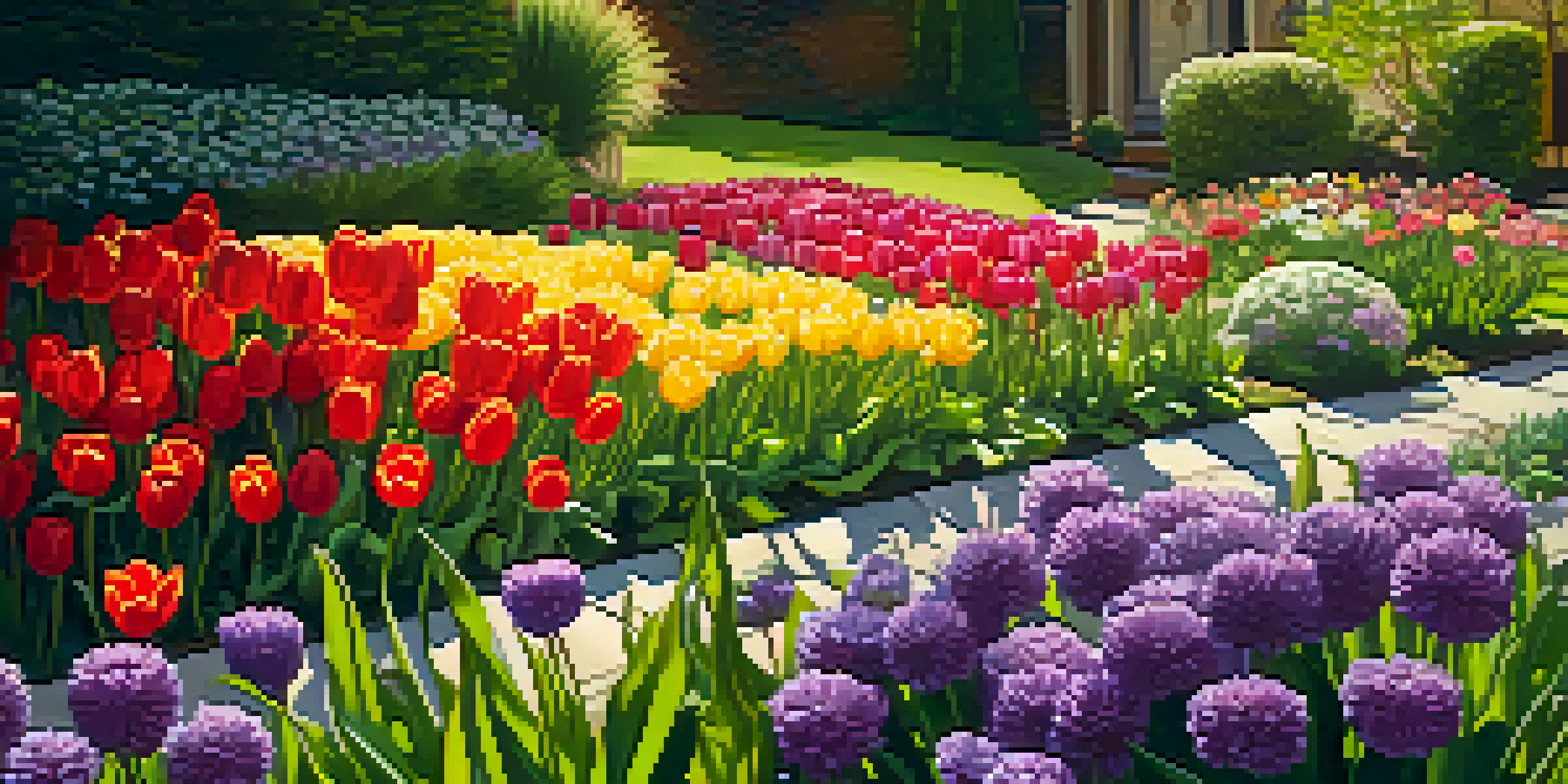 A colorful garden filled with blooming flowers in reds, yellows, and purples, surrounded by greenery and illuminated by soft sunlight.