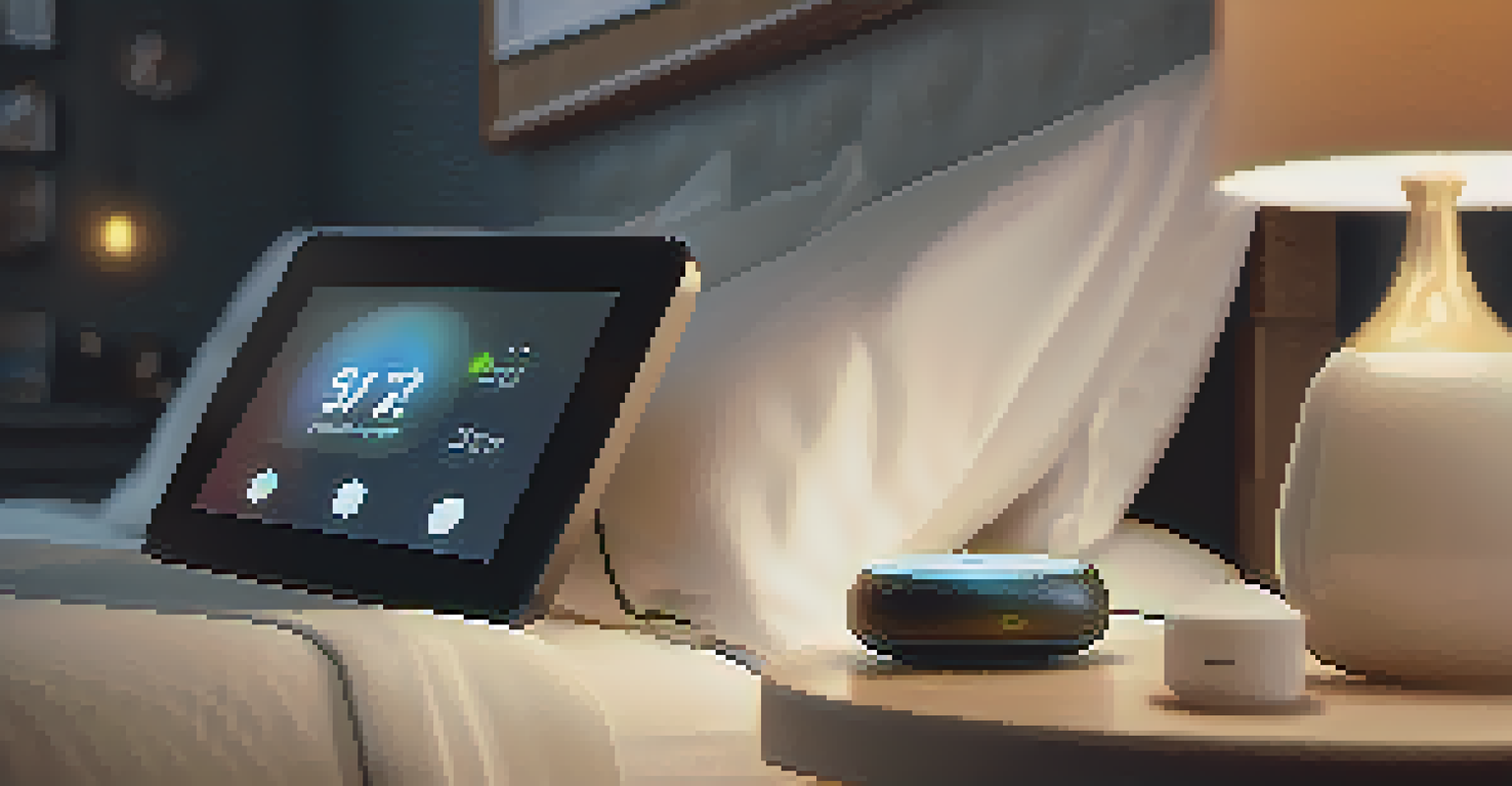 A peaceful bedroom featuring a smart home hub on the nightstand, with soft lighting and a cozy bed, highlighting the blend of comfort and modern technology.