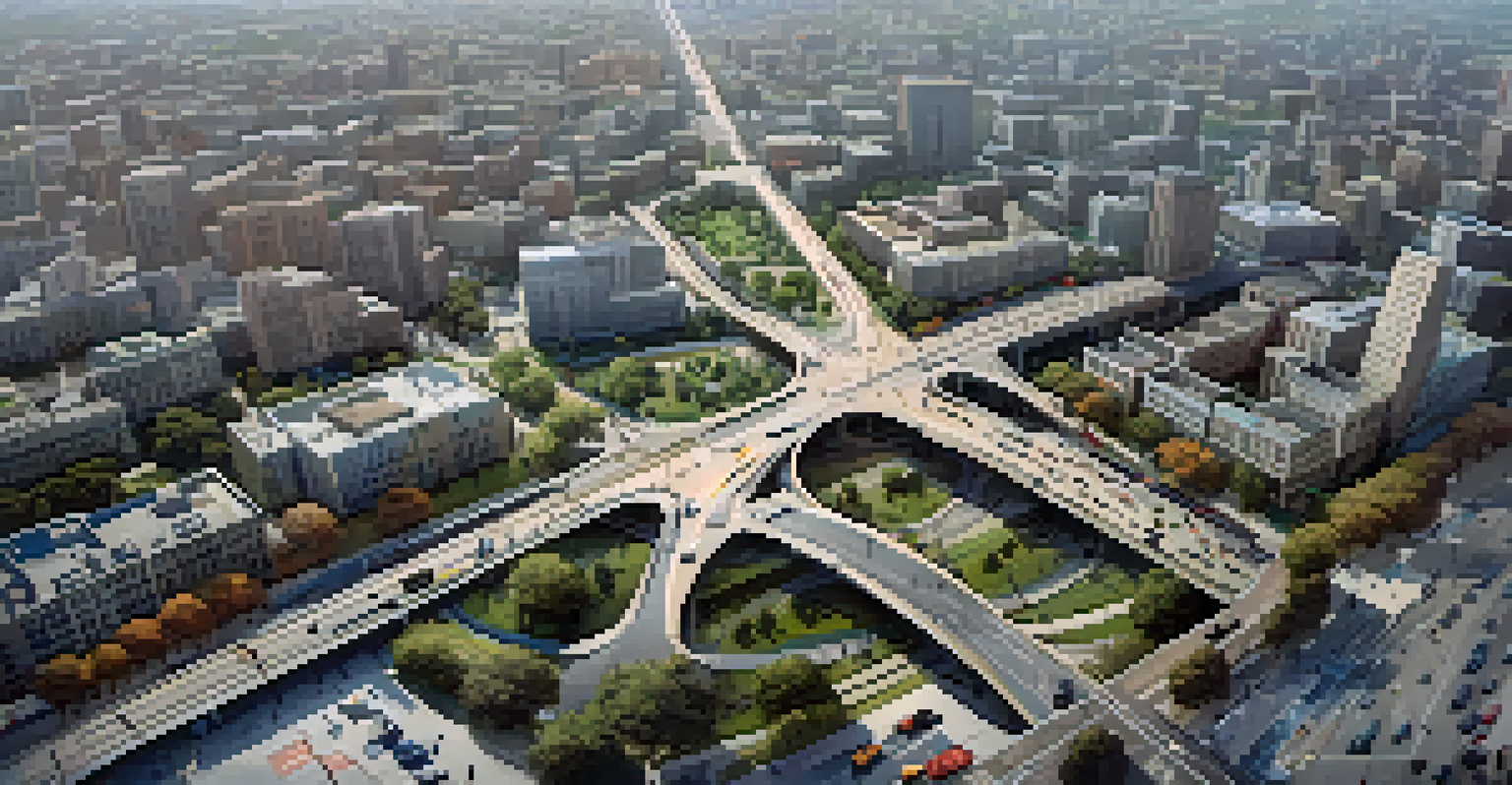 An aerial view of a well-planned city layout showing high-density residential areas, transit stations, parks, and various transport options.
