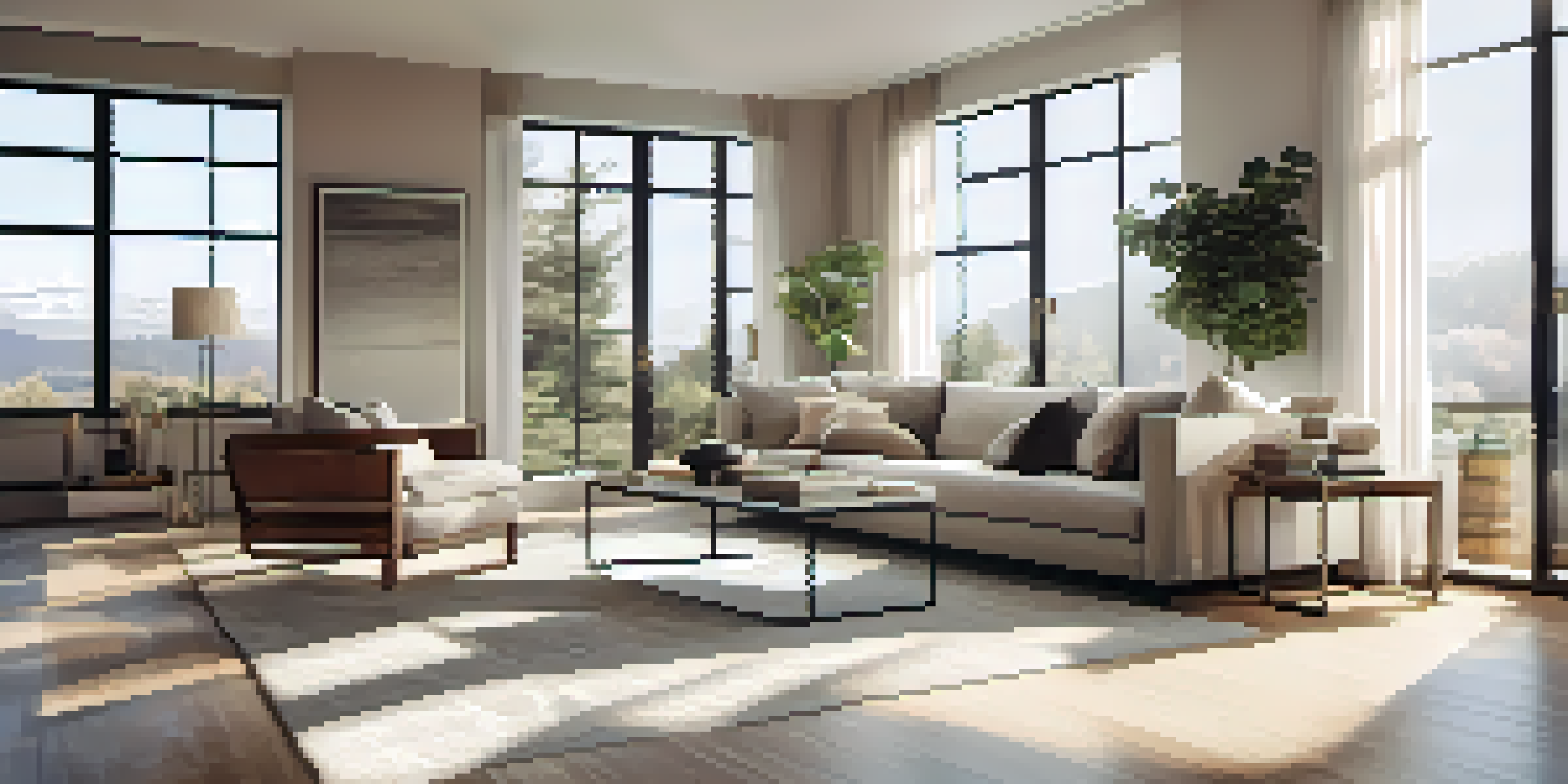 A spacious modern living room with floor-to-ceiling mirrors reflecting sunlight, minimalist furniture, and a cozy area rug.
