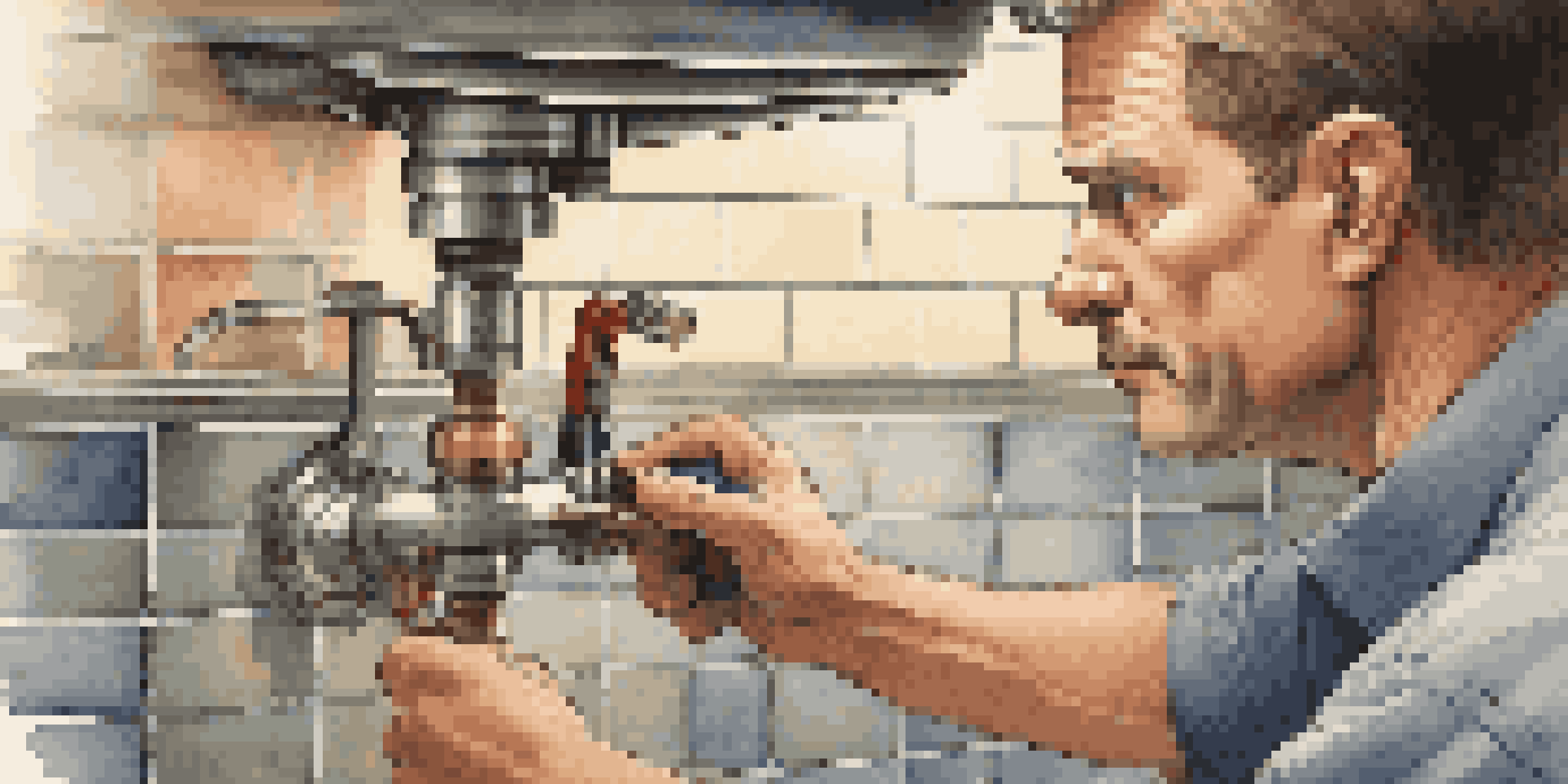 A home inspector closely examining plumbing under a sink with tools and a flashlight, showing detailed pipes and fittings in a warm, well-lit environment.
