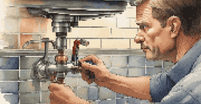 A home inspector closely examining plumbing under a sink with tools and a flashlight, showing detailed pipes and fittings in a warm, well-lit environment.