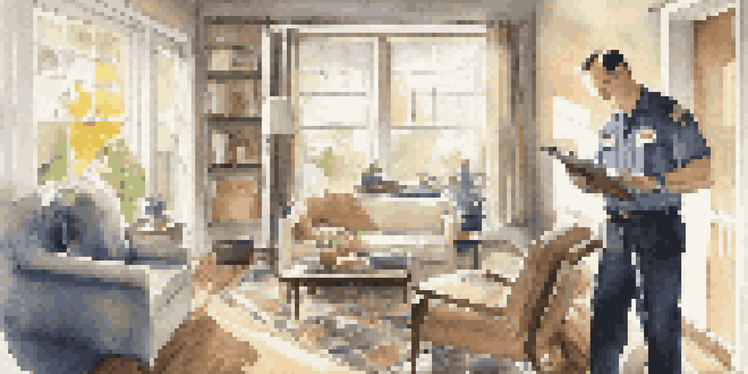 A home inspector using a flashlight to examine a ceiling in a bright living room, with tools and a clipboard nearby.