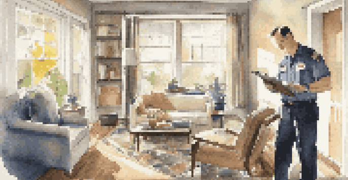 A home inspector using a flashlight to examine a ceiling in a bright living room, with tools and a clipboard nearby.