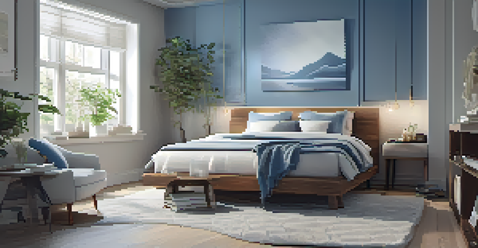 A serene bedroom with soft and calming lighting, featuring a cozy bed and a bedside table.