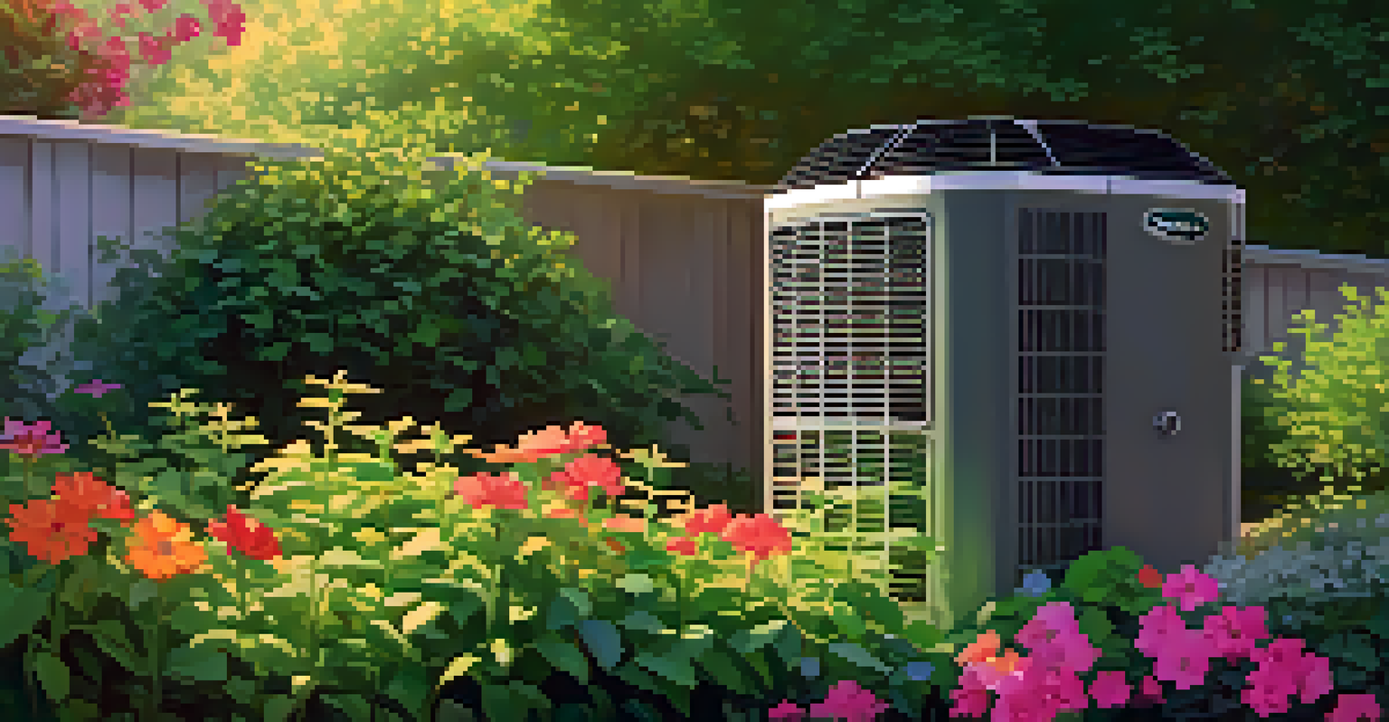 An outdoor HVAC condenser unit in a well-kept garden, symbolizing maintenance and summer comfort.