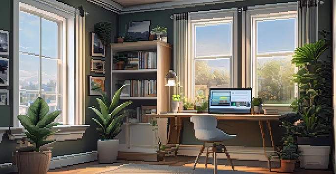 A cozy home office featuring a modern desk, an open laptop with cybersecurity software displayed, natural light coming through the window, and decorative plants.
