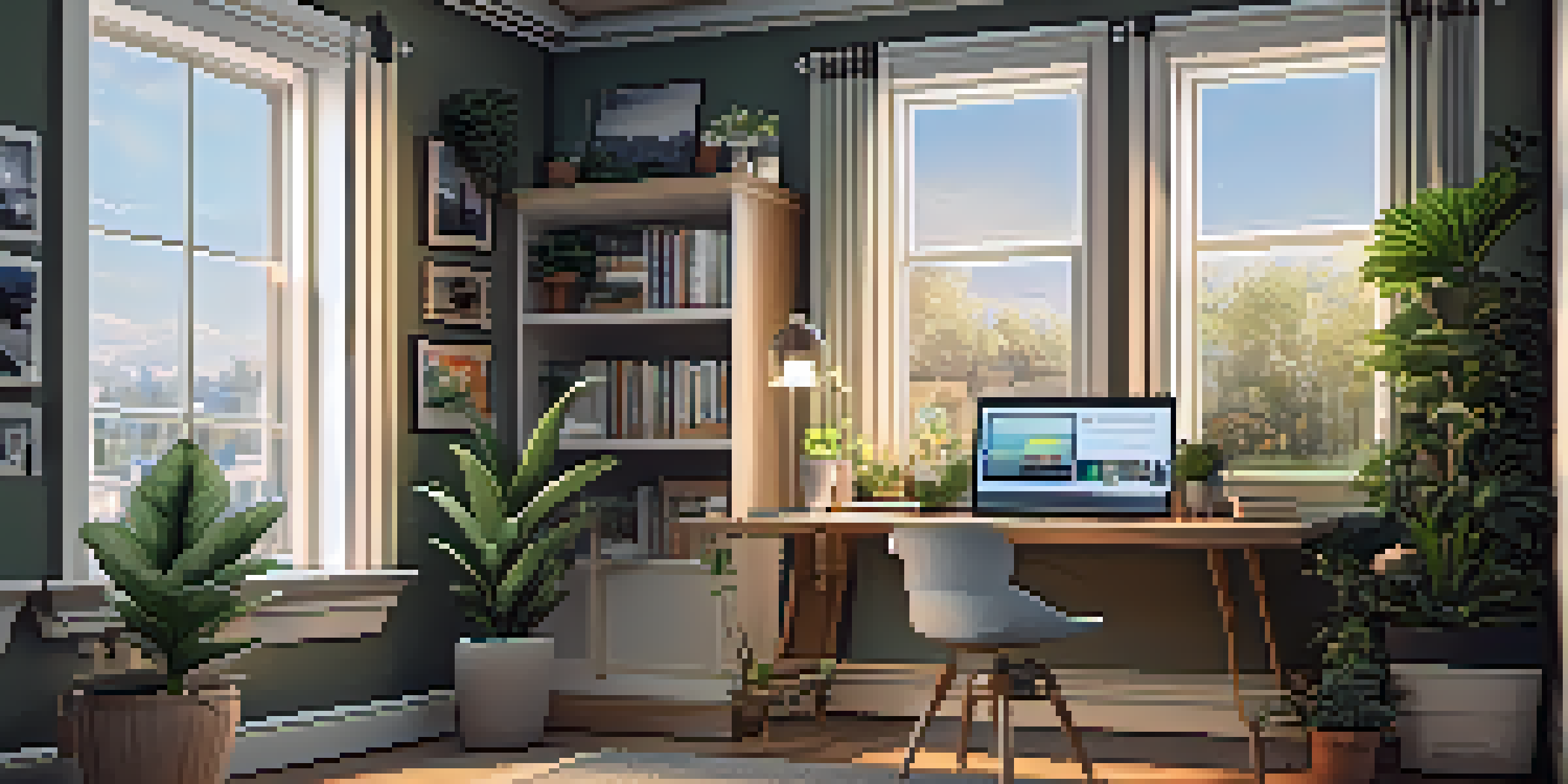 A cozy home office featuring a modern desk, an open laptop with cybersecurity software displayed, natural light coming through the window, and decorative plants.