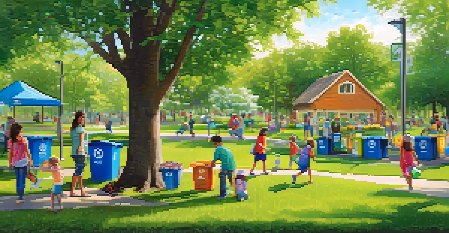 A community park scene with people recycling and a banner promoting sustainability, surrounded by greenery and flowers.