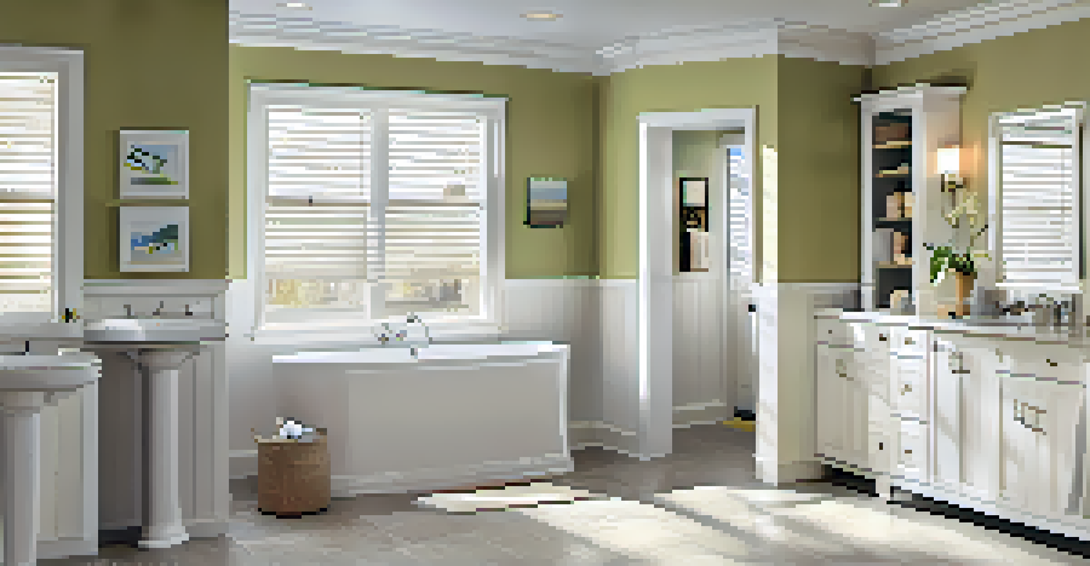 A bright accessible bathroom with a walk-in bathtub, wide doorways, and grab bars, featuring high-contrast colors and natural light.
