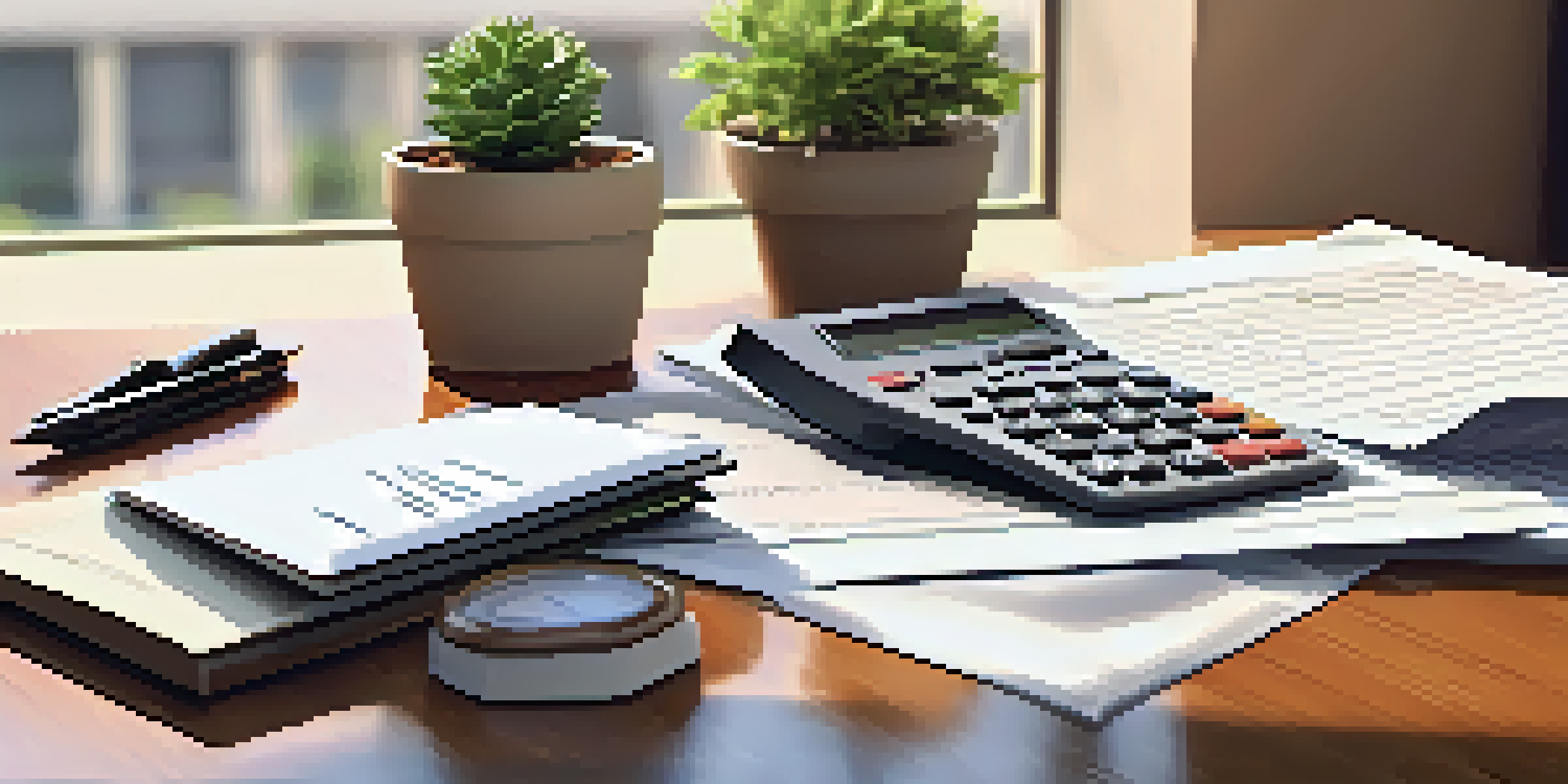 A cozy real estate closing table with documents, a pen, and a calculator, illuminated by soft natural light.