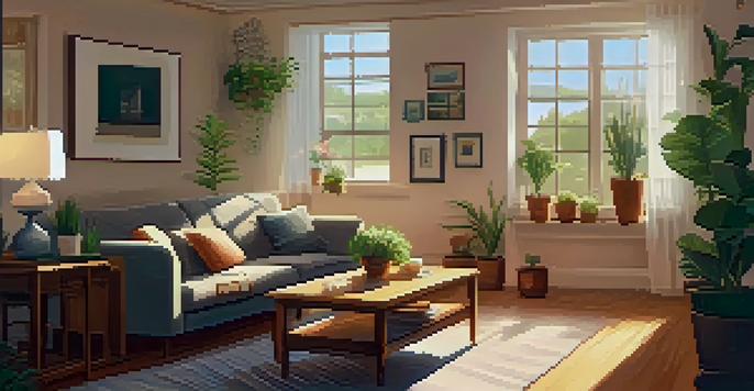 A cozy living room with a sturdy front door and security checklist on a coffee table, illuminated by warm sunlight.