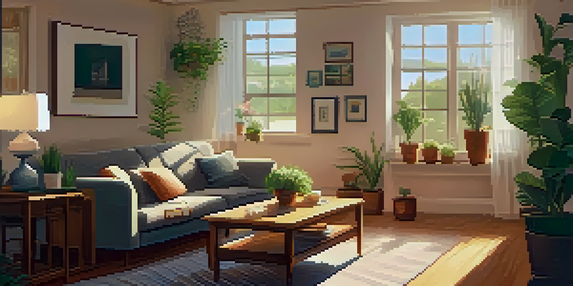 A cozy living room with a sturdy front door and security checklist on a coffee table, illuminated by warm sunlight.