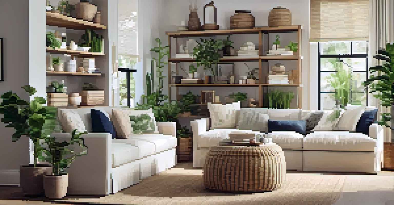 A well-organized living room featuring stylish storage solutions, bright lighting, and personal decor elements like framed photos and houseplants.