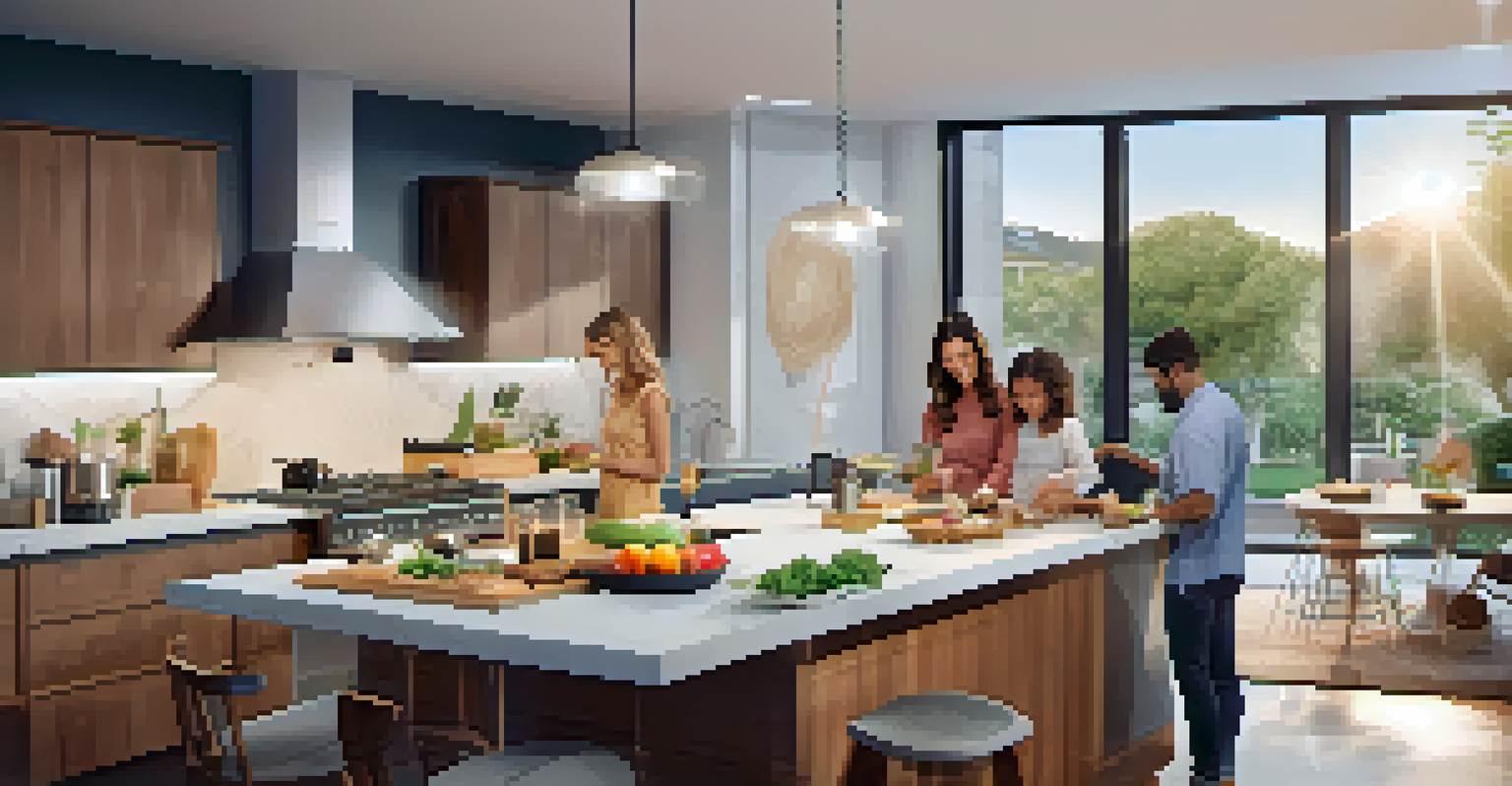 A modern kitchen where a family cooks together, featuring smart appliances and bright lighting.