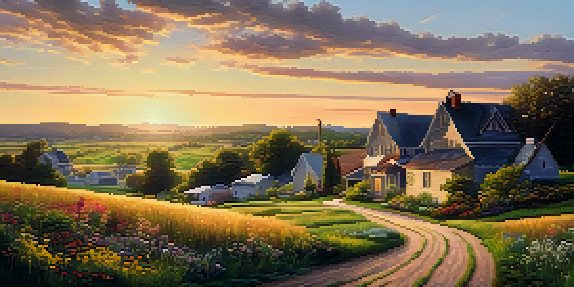 A rural landscape with a farmhouse and wildflowers leading towards a modern city skyline at sunset.