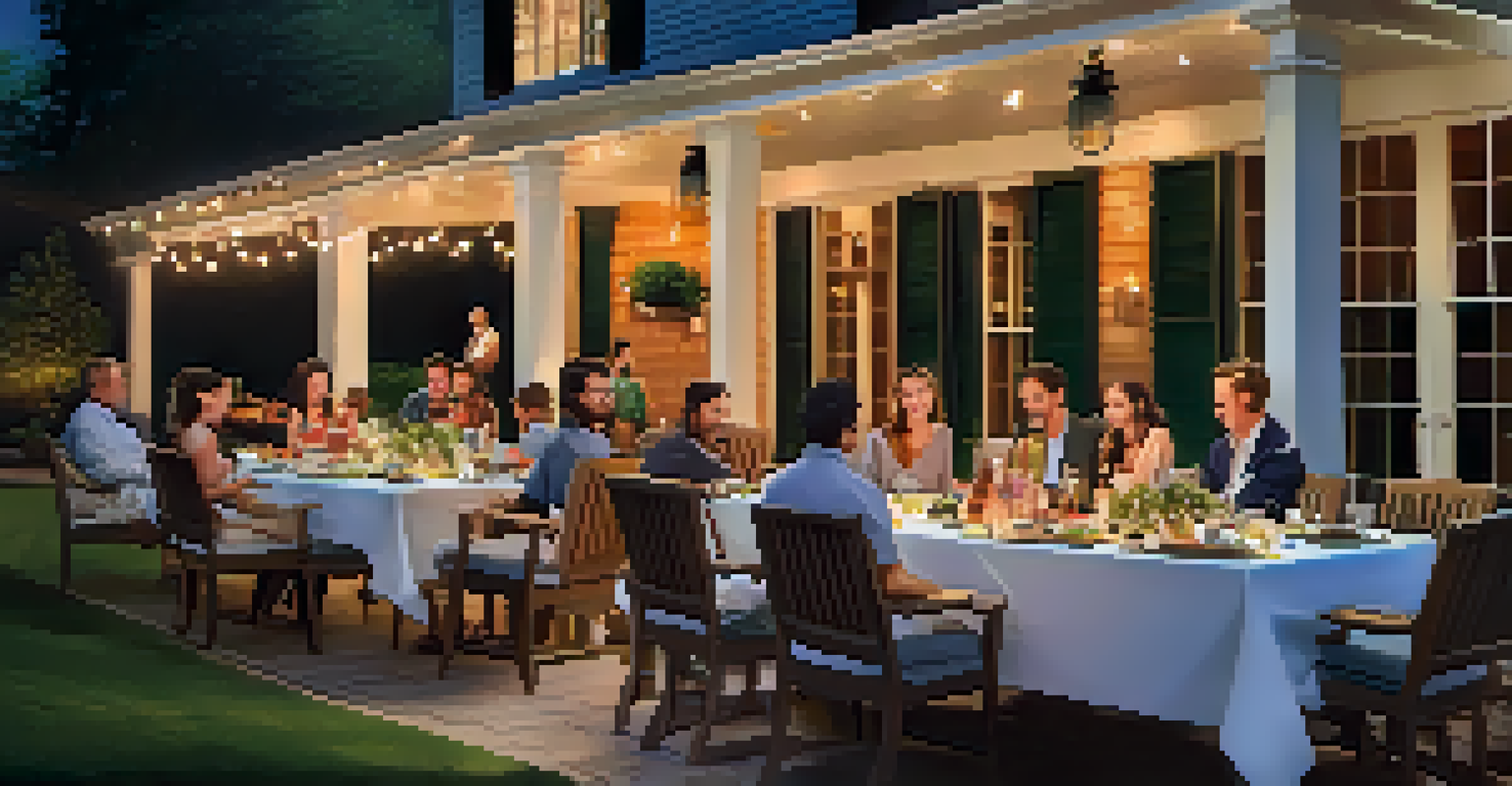 An outdoor patio with guests dining, featuring smart lights and a projector displaying a movie.