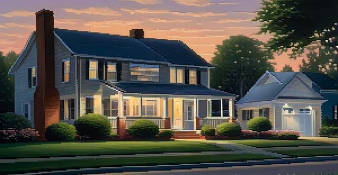 A cozy suburban neighborhood at dusk with a well-lit house and a neighbor watching over.