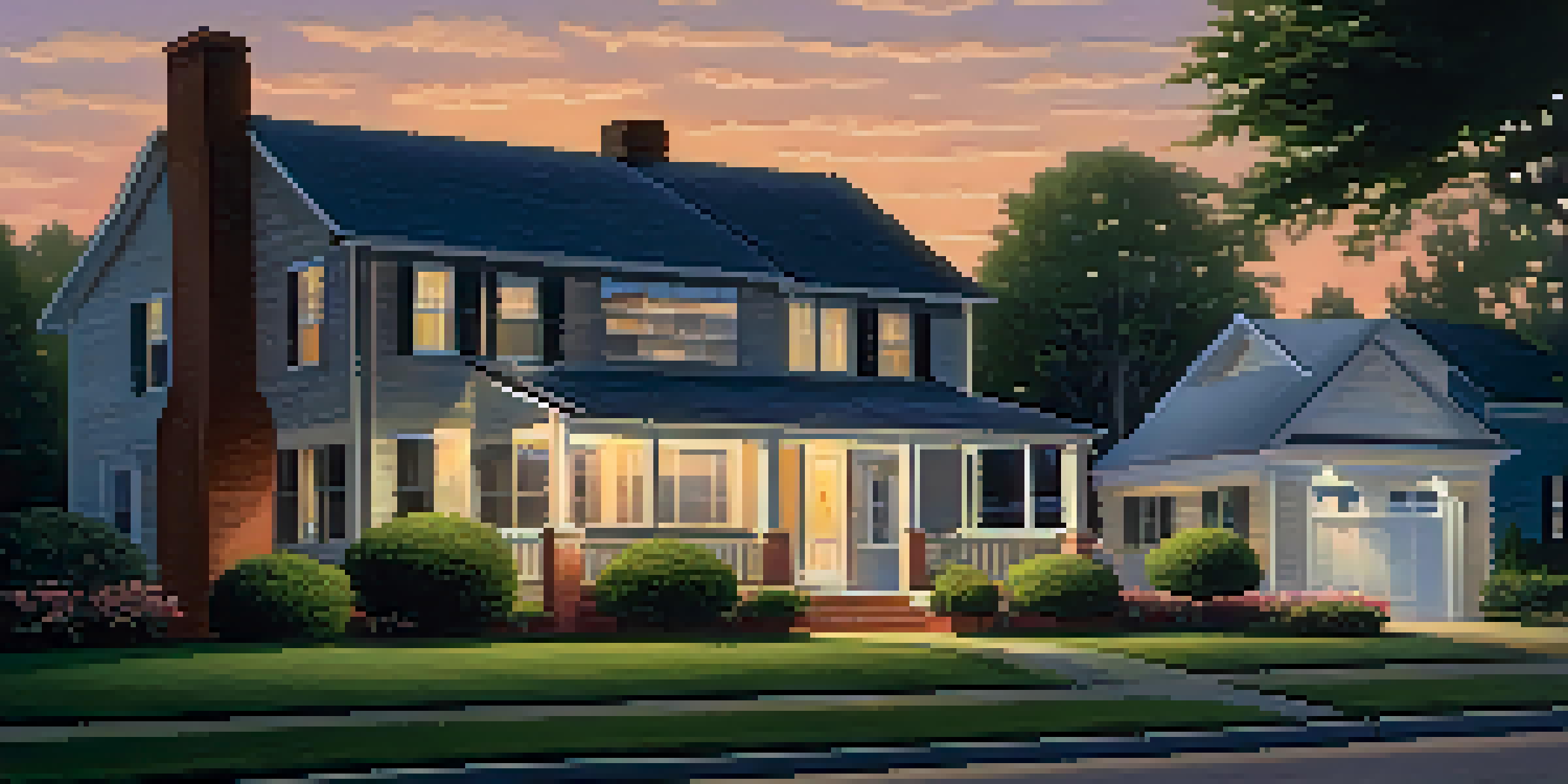 A cozy suburban neighborhood at dusk with a well-lit house and a neighbor watching over.