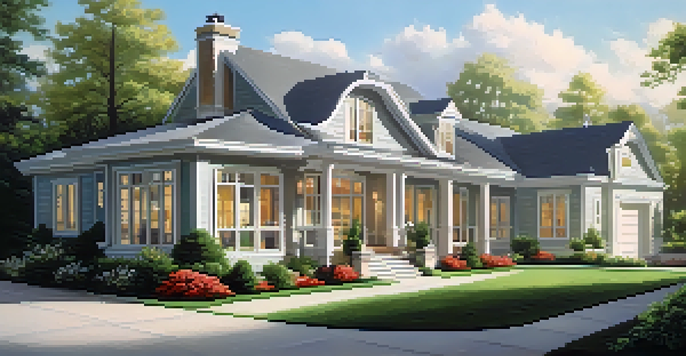 A modern home with a light-colored exterior surrounded by greenery, reflecting sunlight under a clear blue sky.