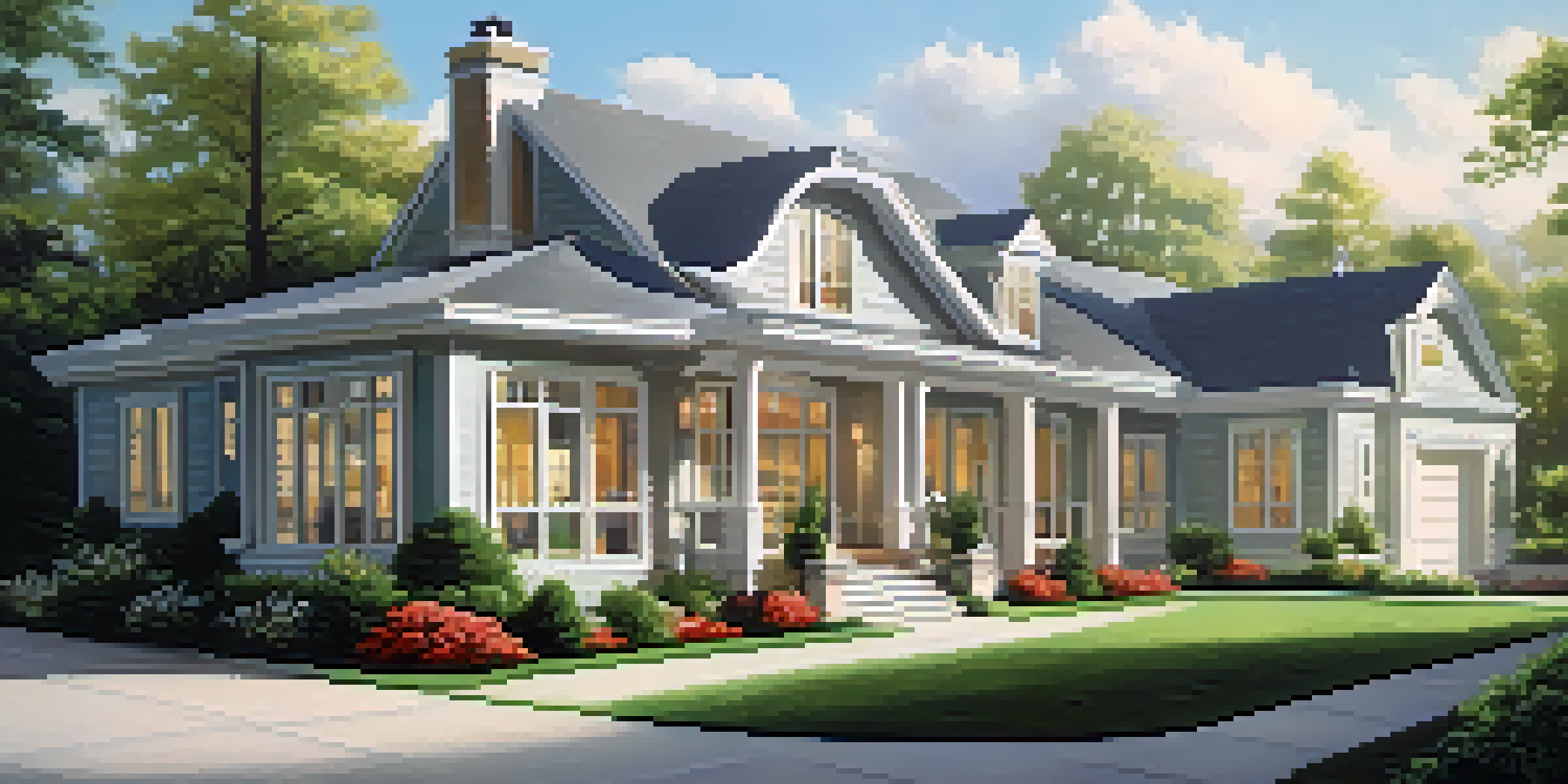 A modern home with a light-colored exterior surrounded by greenery, reflecting sunlight under a clear blue sky.