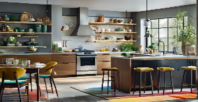 An open kitchen with a central island, modern appliances, and natural light streaming in, transitioning into a cozy living area.
