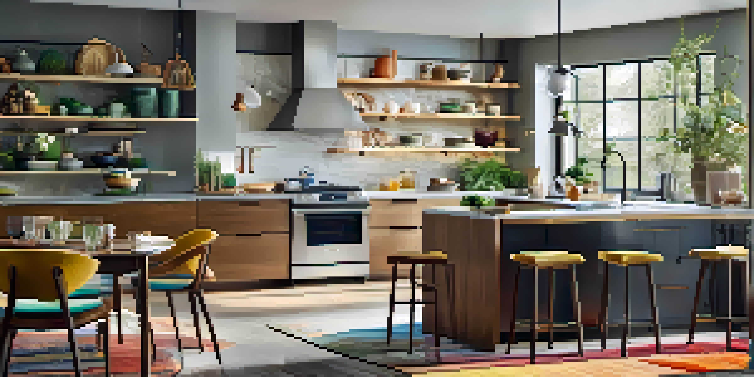 An open kitchen with a central island, modern appliances, and natural light streaming in, transitioning into a cozy living area.