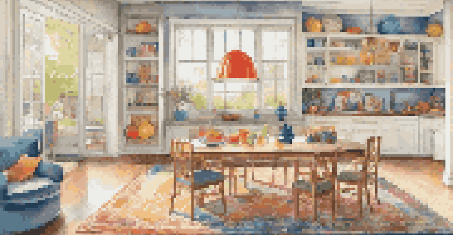 An open floor plan with a dining area and a play area, separated by a patterned rug, filled with natural light and bright wall art.