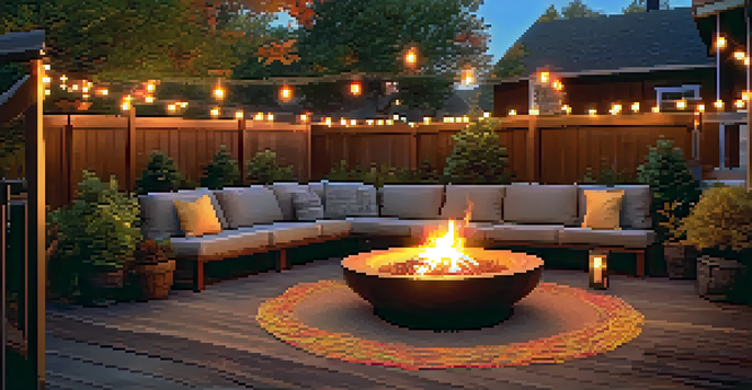 A warm and inviting outdoor space with a wooden deck, fire pit, and seasonal plants, illuminated by soft string lights on an autumn evening.