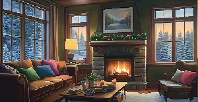 A cozy living room with a fireplace, sofa, and snow falling outside the window.