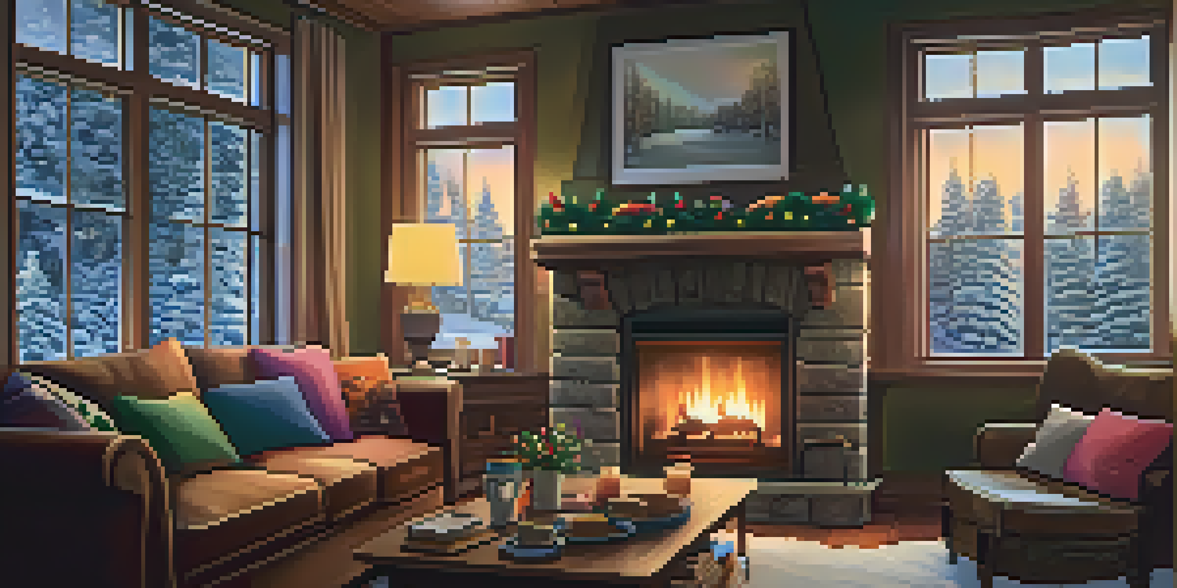 A cozy living room with a fireplace, sofa, and snow falling outside the window.