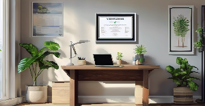 A bright home office with a wooden desk, laptop, and indoor plant, conveying a warm and organized workspace.