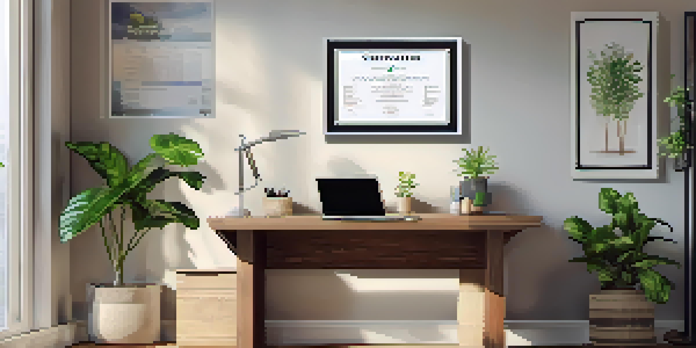 A bright home office with a wooden desk, laptop, and indoor plant, conveying a warm and organized workspace.