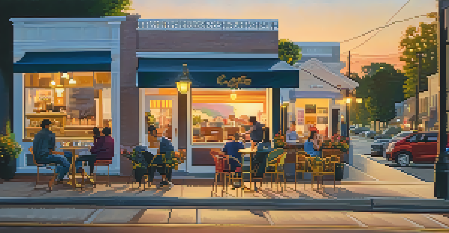 A trendy neighborhood with a vibrant coffee shop, outdoor seating, and colorful flowers along the sidewalk during sunset.
