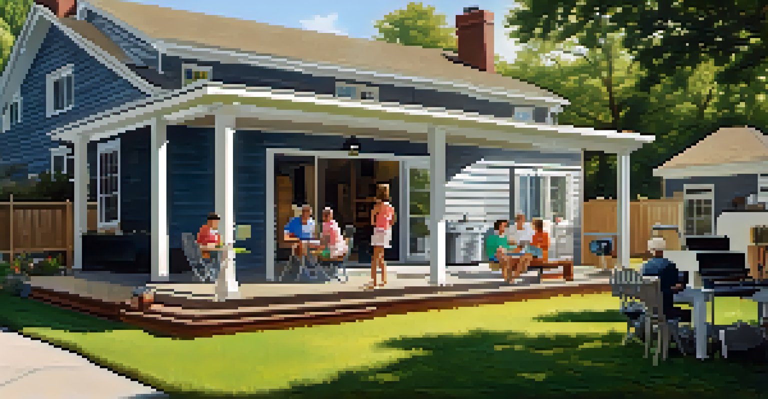 A summer backyard barbecue with a neighbor checking home security, featuring a smart doorbell.