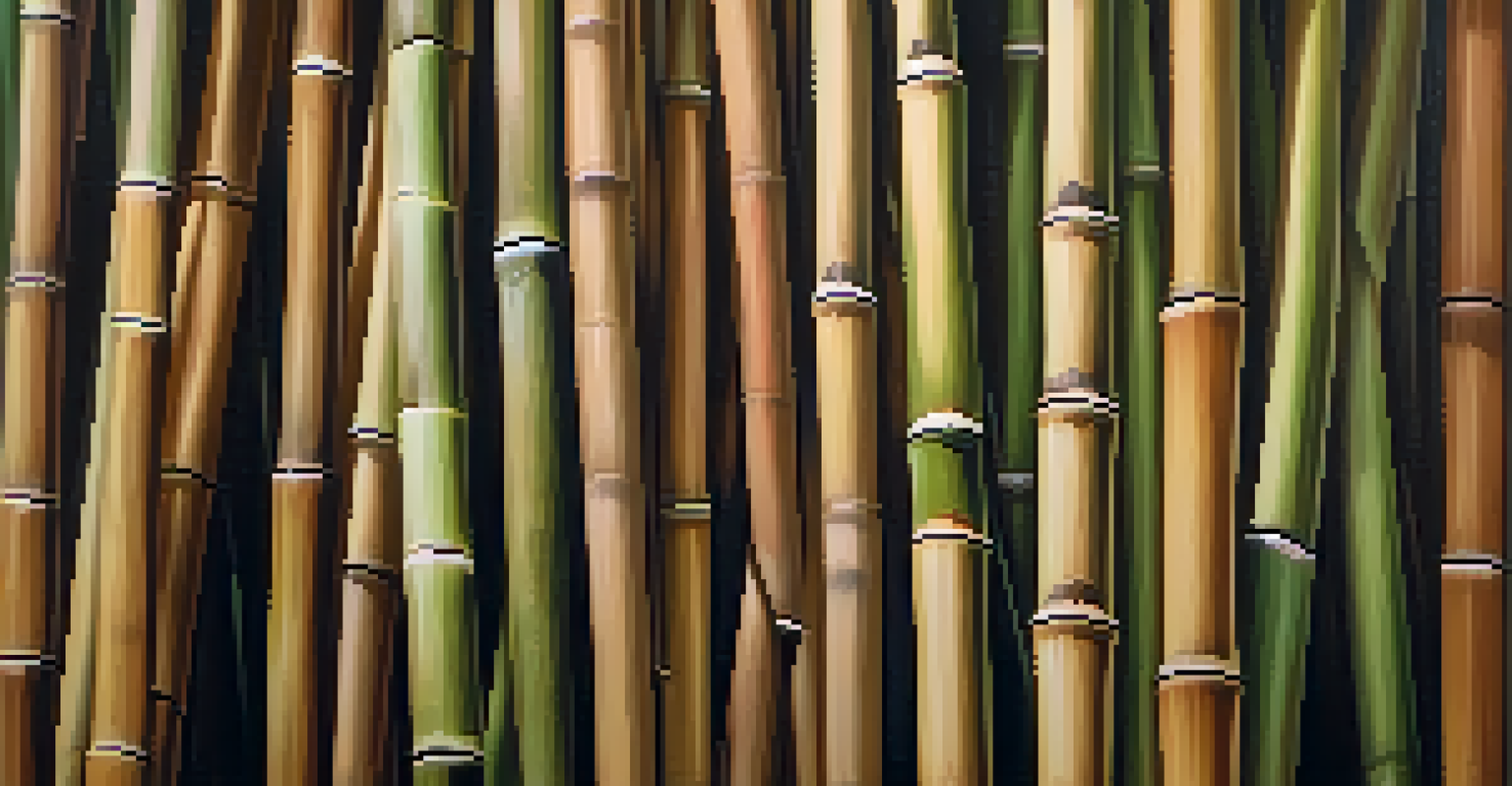A close-up of treated bamboo poles, showcasing their textures and natural patterns, with soft lighting and greenery in the background.