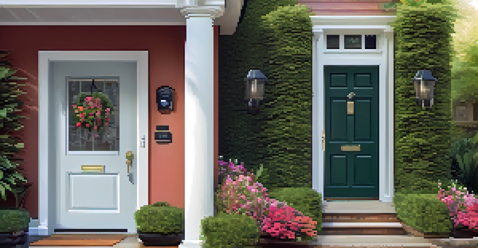 A front door with a smart doorbell camera, surrounded by vibrant flowers and greenery.