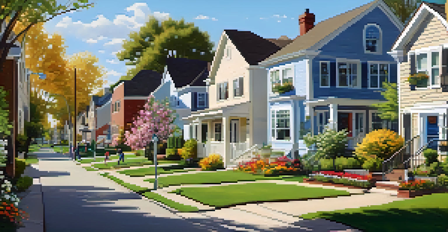 A peaceful suburban neighborhood with spacious homes, children playing outside, and blooming flowers under a clear blue sky.