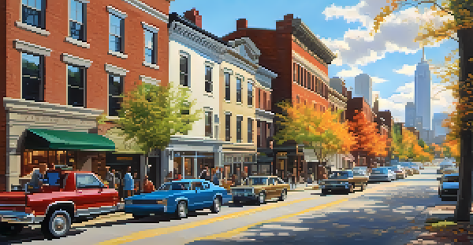 A lively urban neighborhood in the Northeast United States with a mix of historic and modern buildings, people walking along the streets, and a sunny sky.