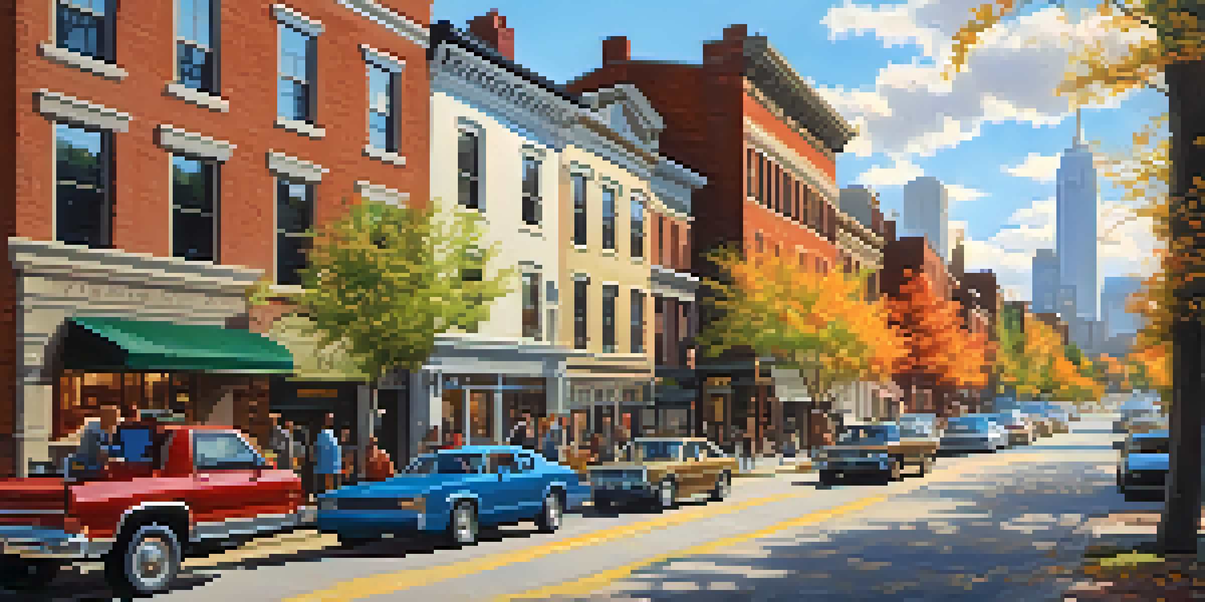 A lively urban neighborhood in the Northeast United States with a mix of historic and modern buildings, people walking along the streets, and a sunny sky.