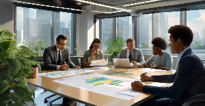 A diverse group of investors in a bright office space discussing a crowdfunding project, surrounded by documents and a screen displaying charts.