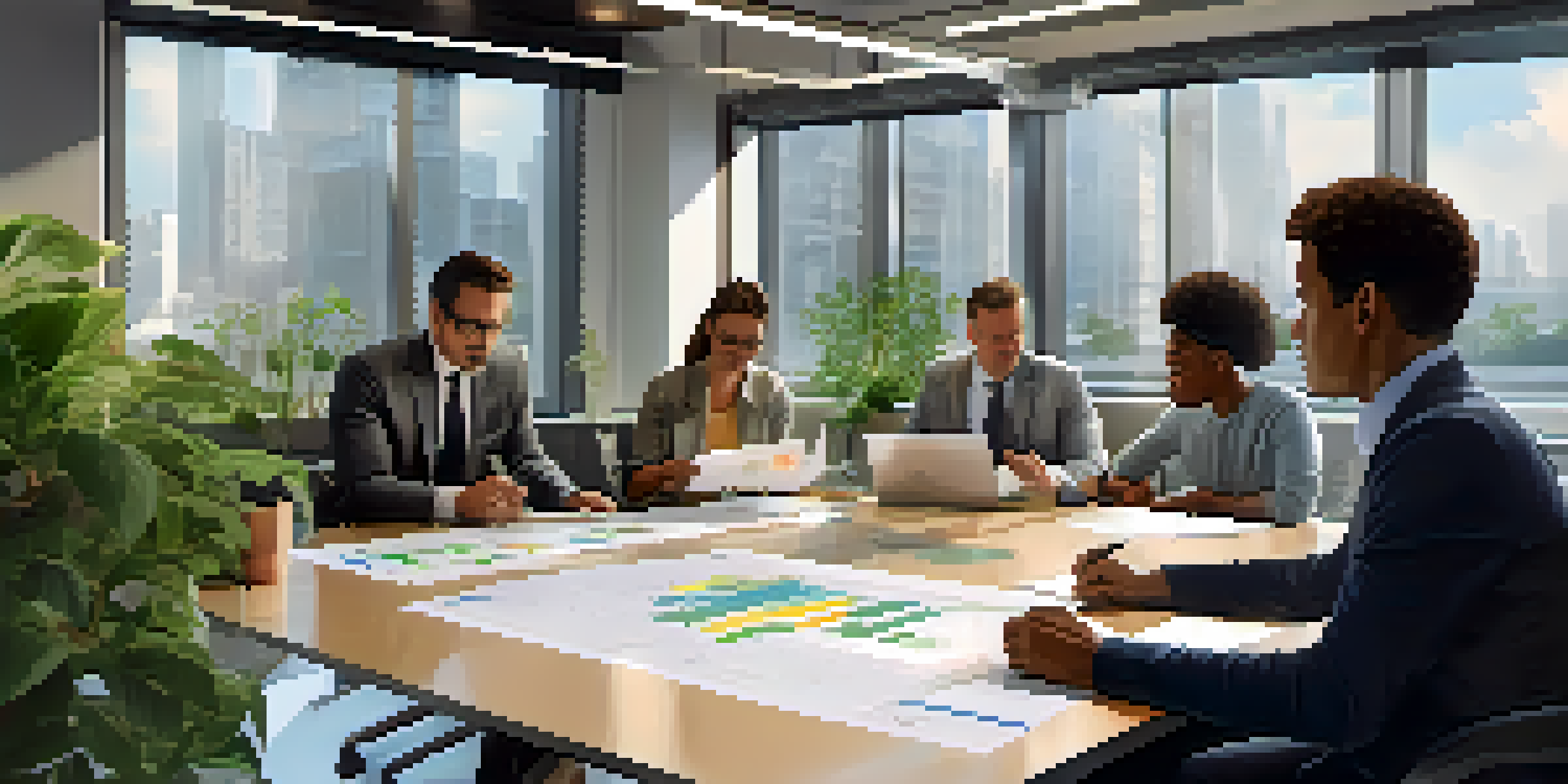 A diverse group of investors in a bright office space discussing a crowdfunding project, surrounded by documents and a screen displaying charts.