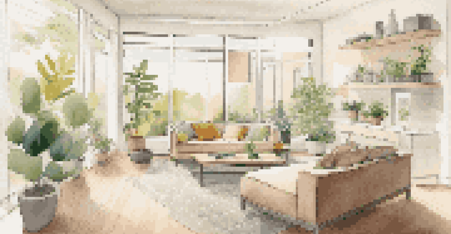 A modern living room featuring energy-efficient design elements and smart home technology.