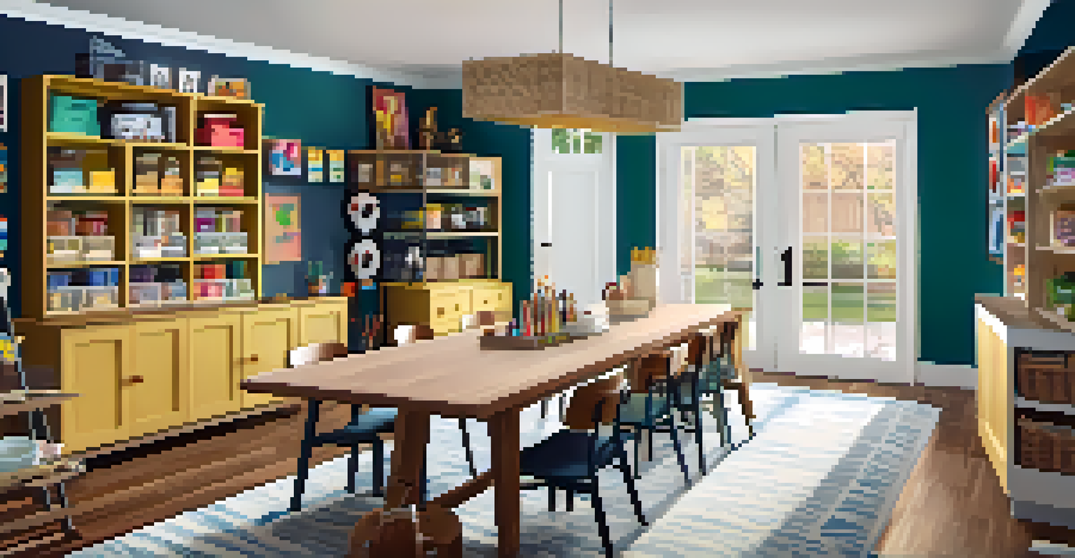 A dining room turned craft area with a table full of art supplies and colorful storage bins, creating a warm atmosphere.